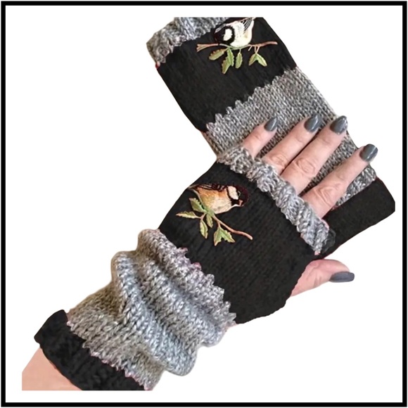 gloves Accessories - Long Fingerless Knitted Gloves Birds Black OS